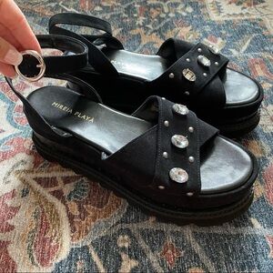 Mireia Playa Black Gem Jewel Fabric Platform Sandals Size 39